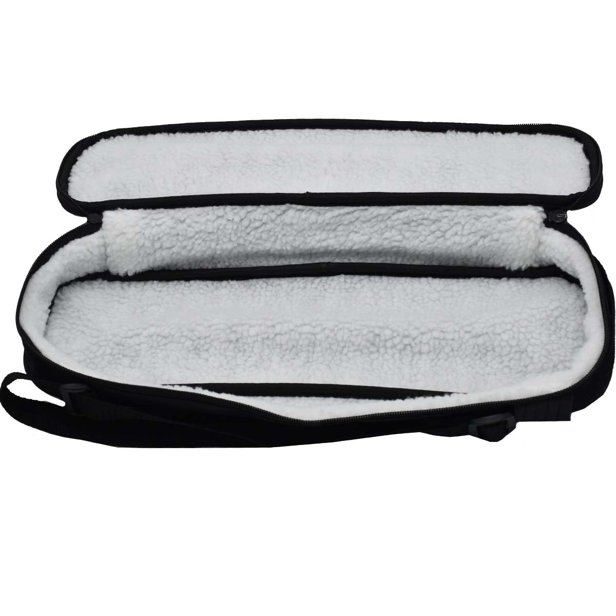 Black Altus carrying case with white woolen interior on a white background
