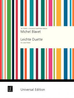 Music sheet cover with colorful striped design and text 'Michel Blavet Leichte Duette' by Universal Edition.