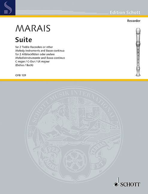 Music sheet cover for 'Suite' by Marais with a recorder illustration and Schott logo.