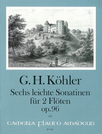 Cover for Kohler Duets op. 96 with a landscape illustrated on blue background
