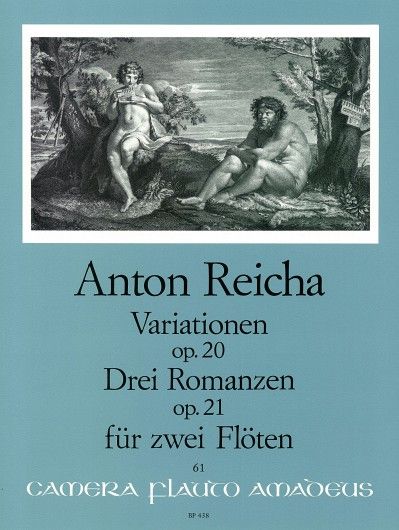 Sheet music cover for Anton Reicha's Variation Op 20 / Three Romances Op 21-Two Flutes with classical illustration on a light blue background