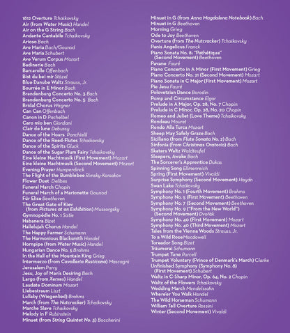Back cover of a music book with sheet music and composer names on a purple background
