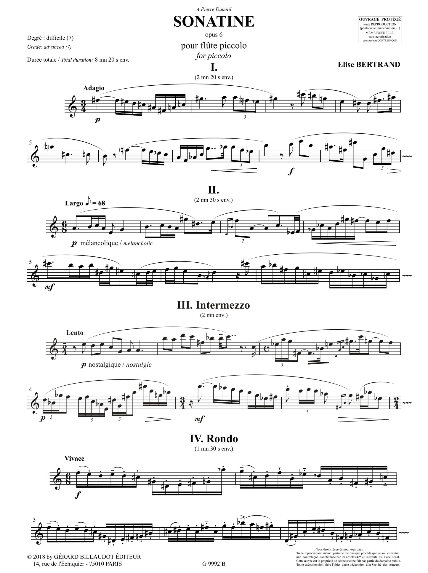 Bertrand - Sonatine Op.6 for Solo Piccolo (Billaudot)