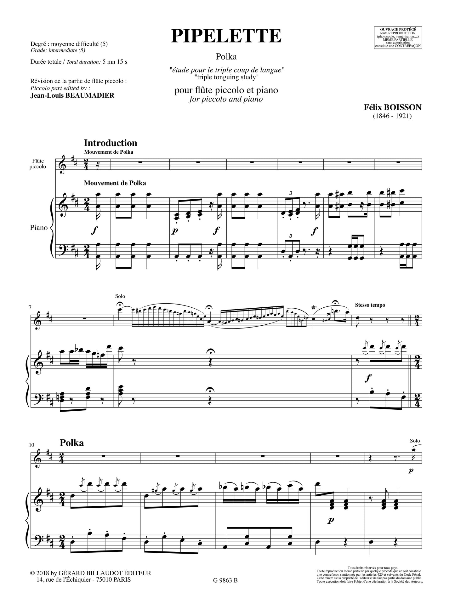 Boisson - Pipelette - Piccolo and Piano