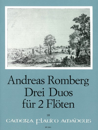 Sheet music cover for '3 Duos for 2 flutes' by Andreas Romberg with a landscape illustration on a light blue background.