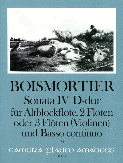 Sheet music cover for Boismortier's Sonata IV D-dur with sheep illustration and text.
