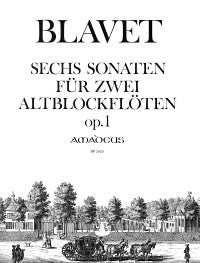 Sheet music cover for 'Six Sonatas for Two Alto Blockflutes' by Blavet with a black and white illustration of a town square.