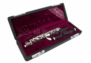 A Bulgheroni Grenadilla Wood Piccolo in a red velvet-lined hard case. The case is open, displaying the piccolo with silver plated keys and a black body.