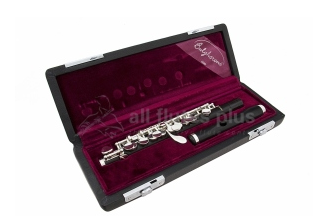 A Bulgheroni Grenadilla Wood Piccolo in a velvet-lined hard case. The case is open, displaying the piccolo with silver plated keys and a black body.