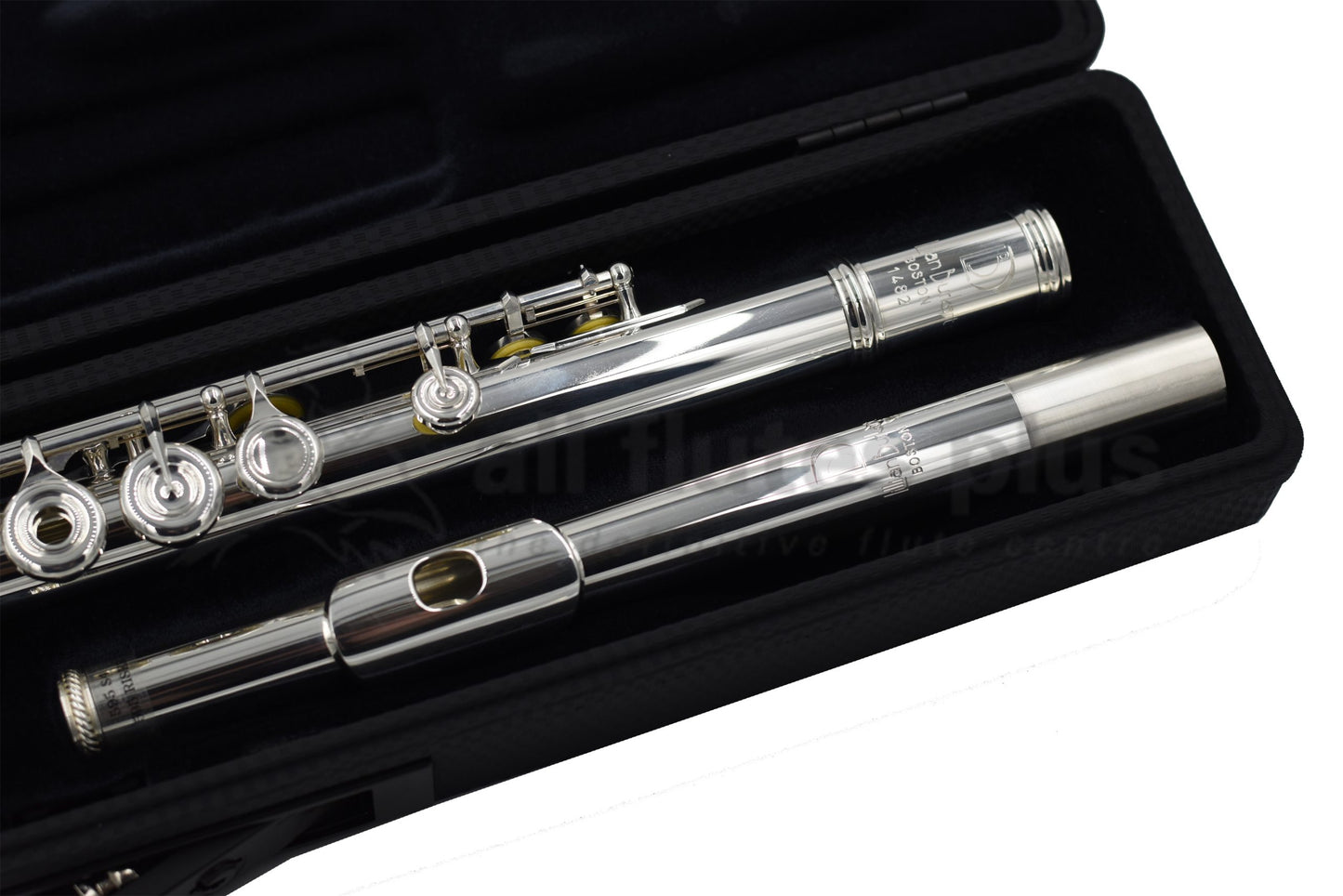 Burkart Elite flute set in an open case, close up of headjoint and some body joint keywork 