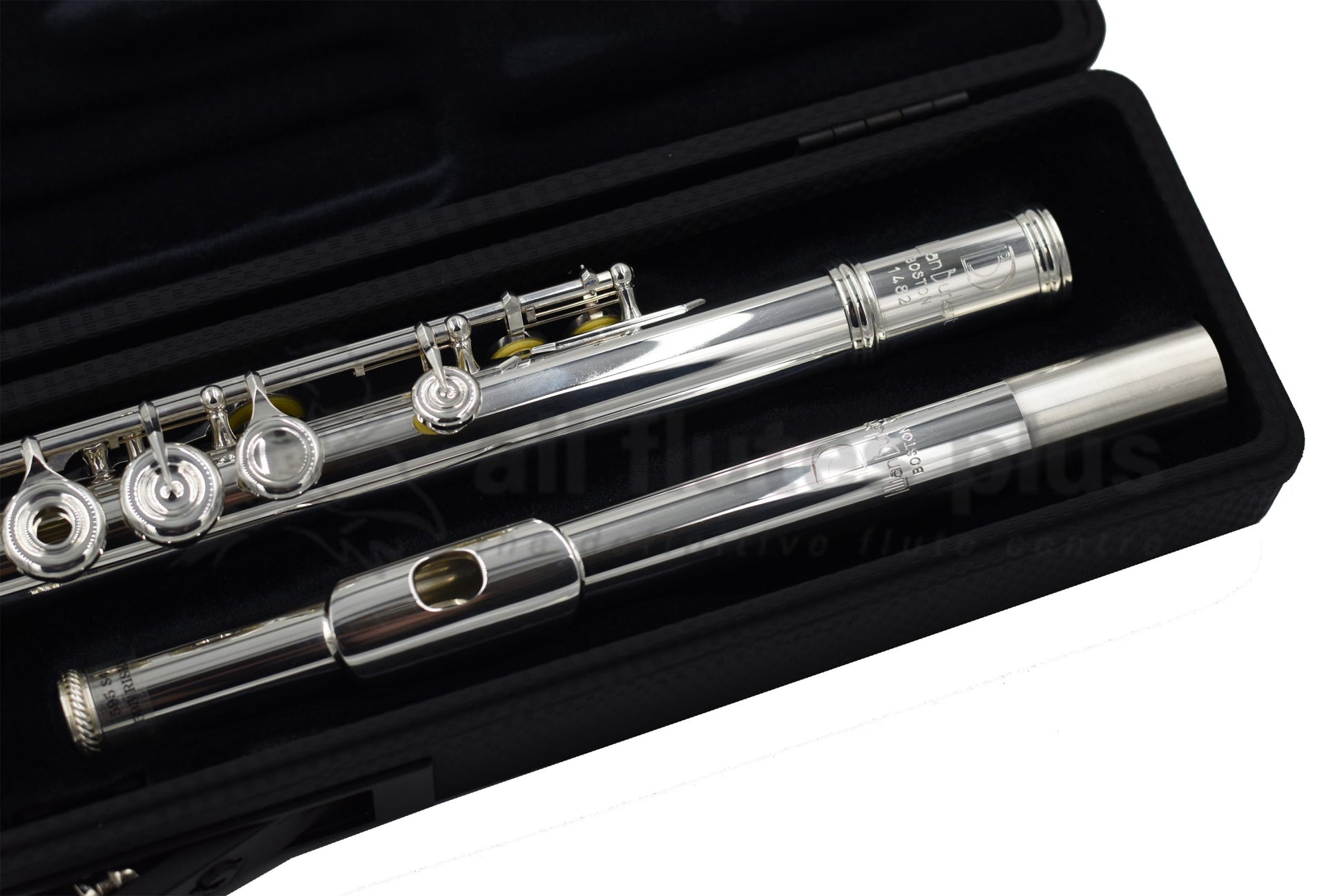 Burkart Elite flute set in an open case, close up of headjoint and some body joint keywork 