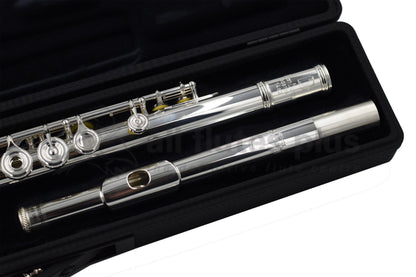 Burkart Elite flute set in an open case, close up of headjoint and some body joint keywork 