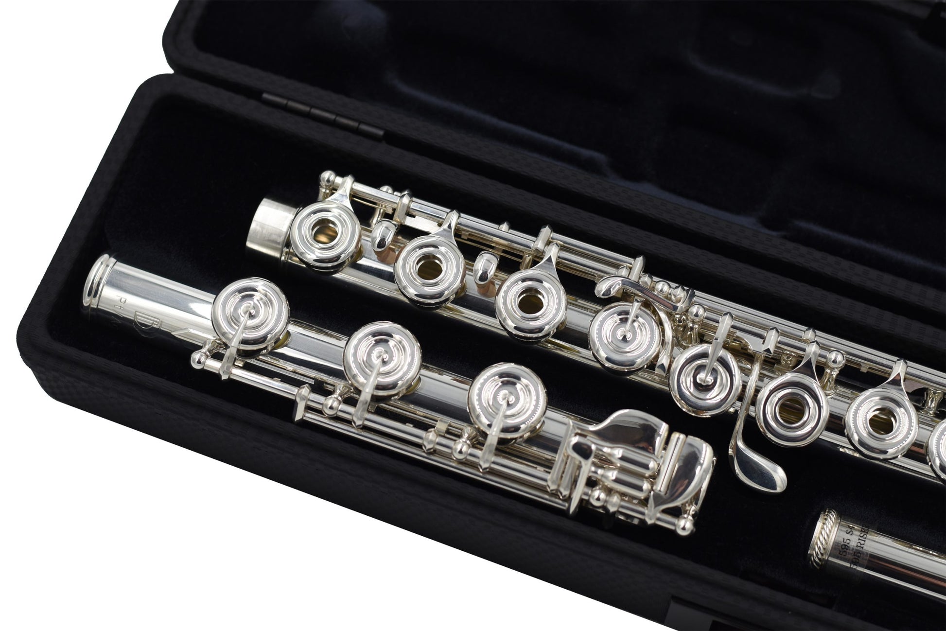 Burkart Elite flute set in an open case, close up of B footjoint and open hole keywork on body joint