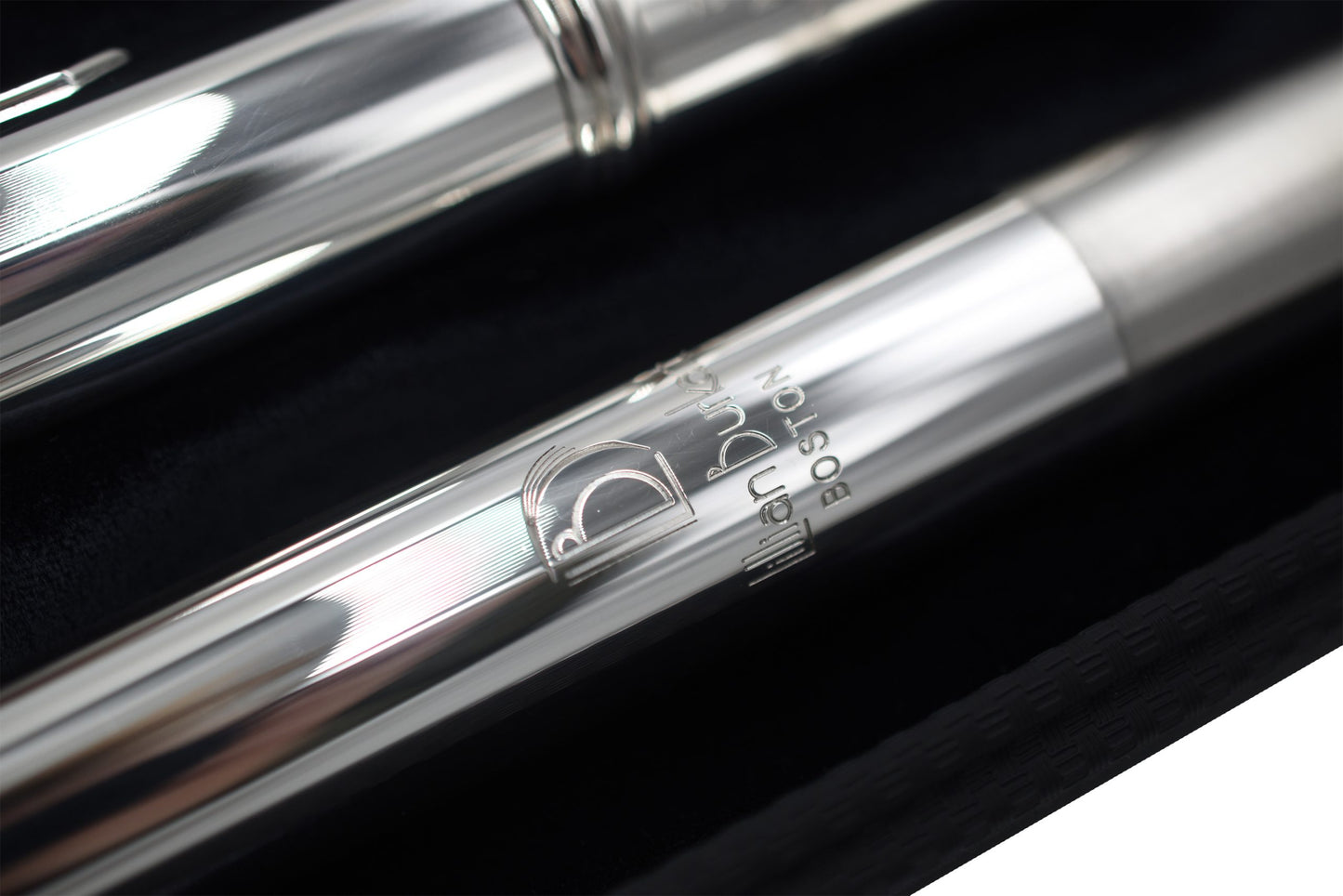 Burkart Elite flute close up of Lillian Burkart Boston logo on headjoint