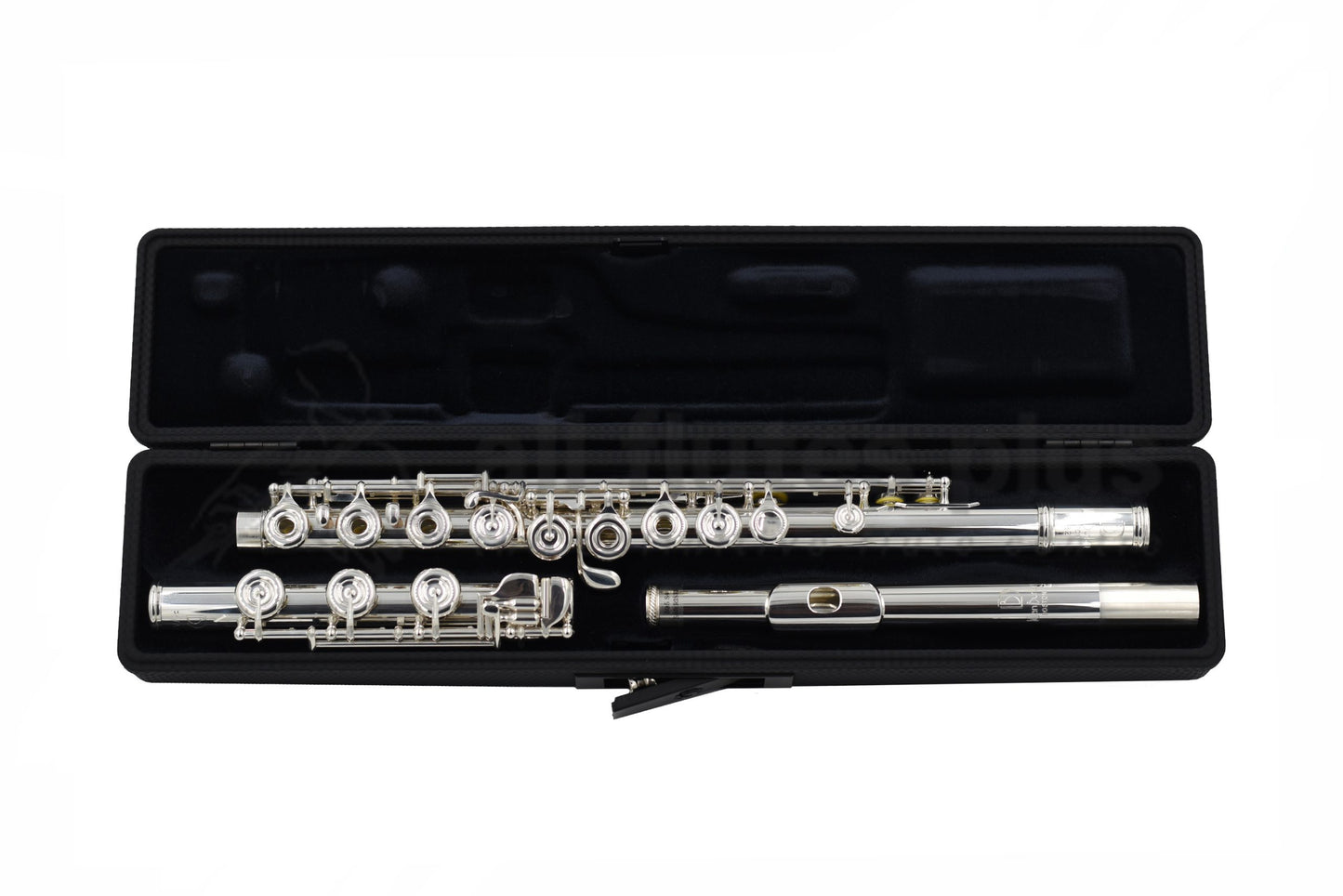 Burkart Elite flute displayed in an open case with black velvet interior.