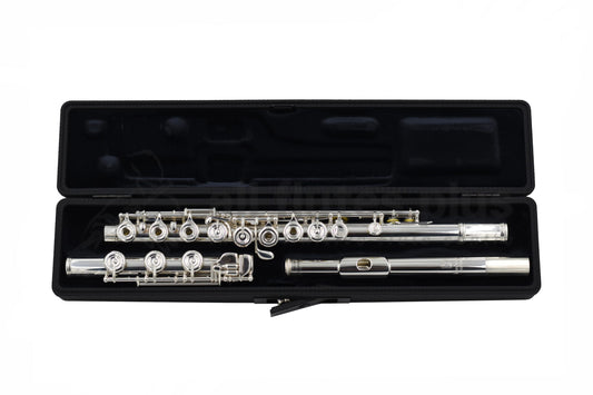 Burkart Elite flute displayed in an open case with black velvet interior.