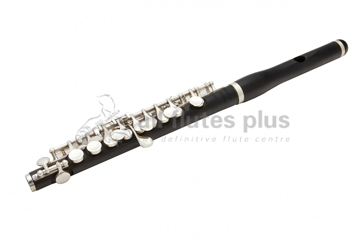 Burkart Resona piccolo showing the whole piccolo put together with wooden body and silver mechanism 