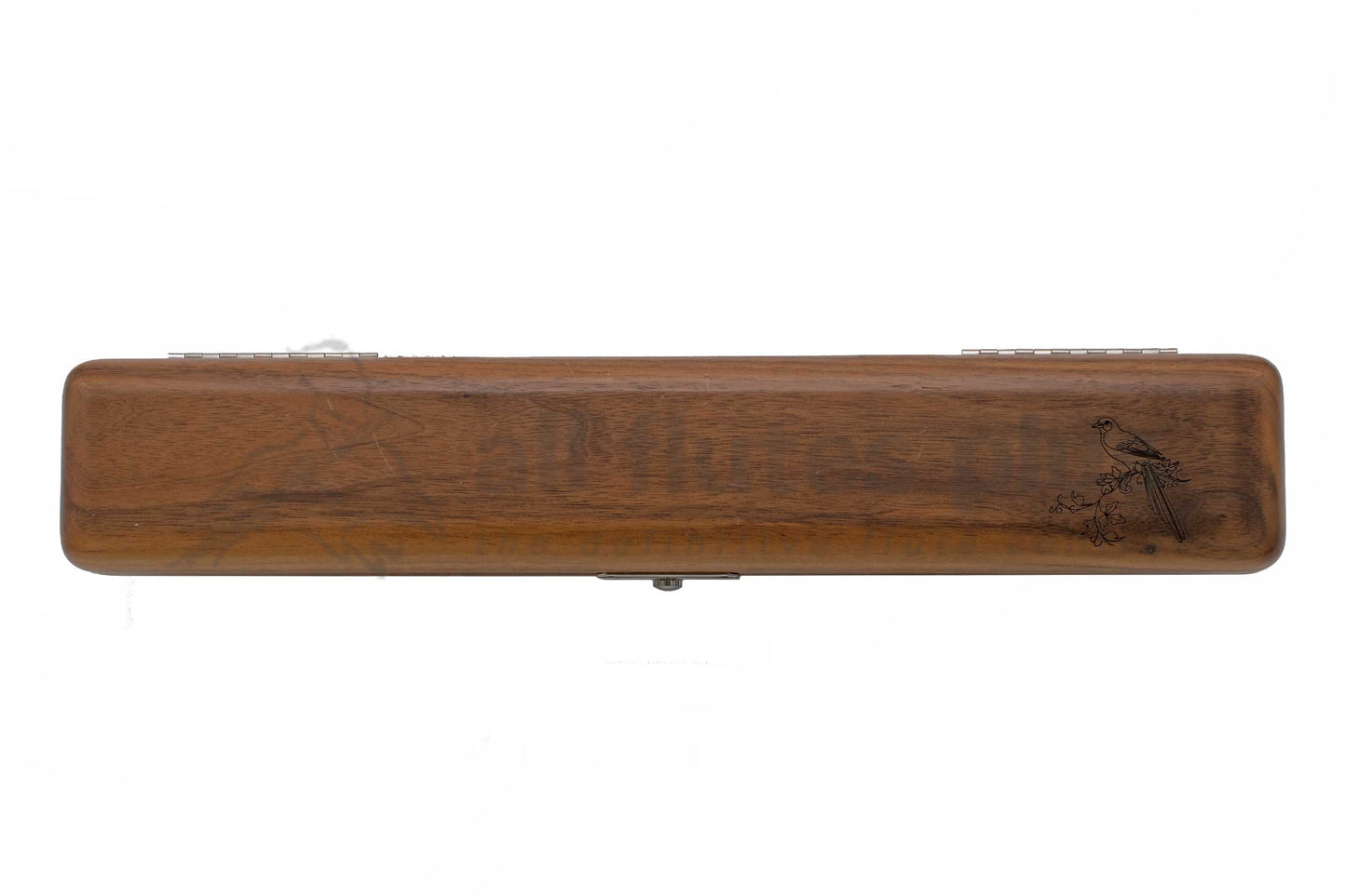 Wooden case with engraved design on a white background