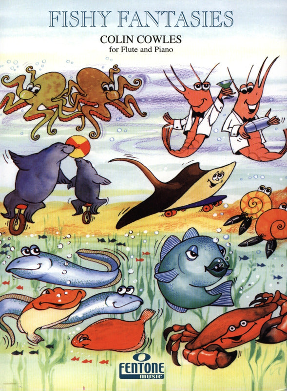 Illustrated cover of 'Fishy Fantasies' by Colin Cowles with cartoon sea creatures and Fentore Music logo.
