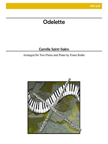 Sheet music cover for 'Odelette' by Camille Saint-Saens, arranged for two flutes and piano with the instrument illustrated on white background