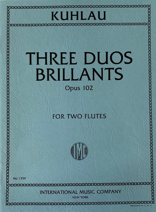 Music sheet cover for 'Three Duos Brillants' by Kuhlau with International Music Company branding.