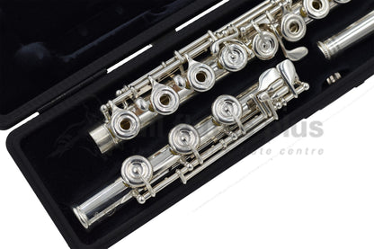 Burkart Elite flute set in an open case, close up of B footjoint and right hand keywork on body joint 