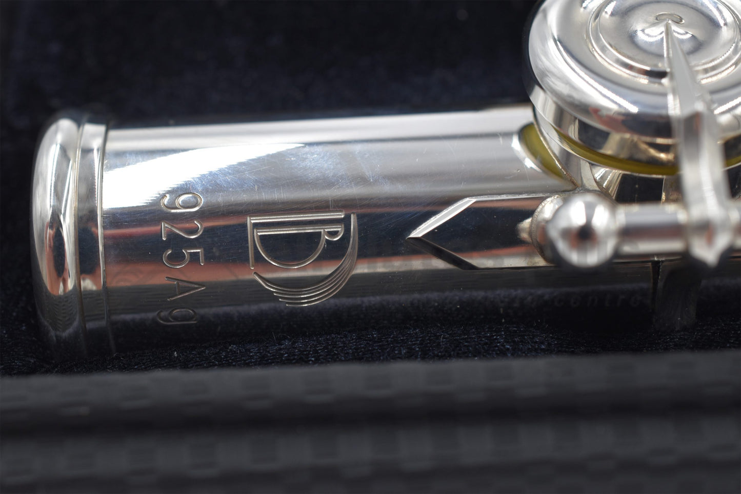 Burkart Elite flute close up of 925Ag Silver marking on footjoint