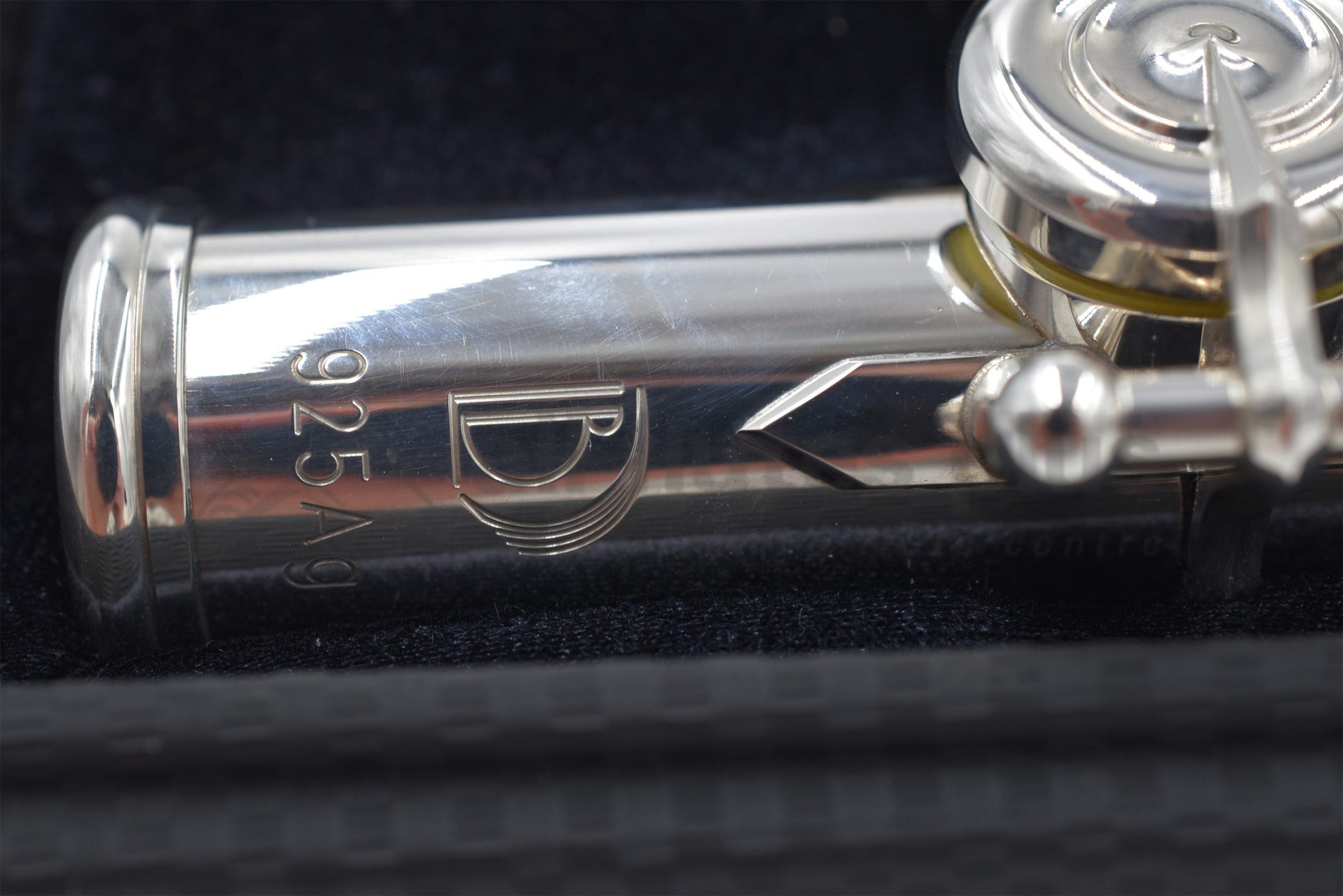 Burkart Elite flute close up of 925Ag Silver marking on footjoint