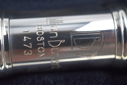 Burkart Elite flute close up of Lillian Burkart Boston logo and serial number on body joint