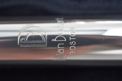 Burkart Elite flute close up of Lillian Burkart Boston logo and serial number on headjoint