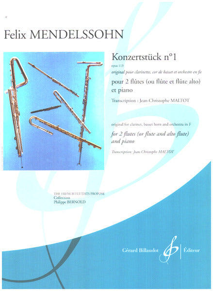 Sheet music cover for Felix Mendelssohn's Concerto no. 1 op. 113 with flute illustrations on a blue background.