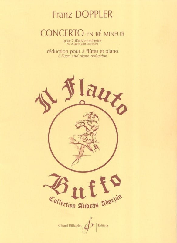 Music sheet cover for Franz Doppler concertos with flute and piano reduction with orange background and a flute player illustrated in burgundy ink