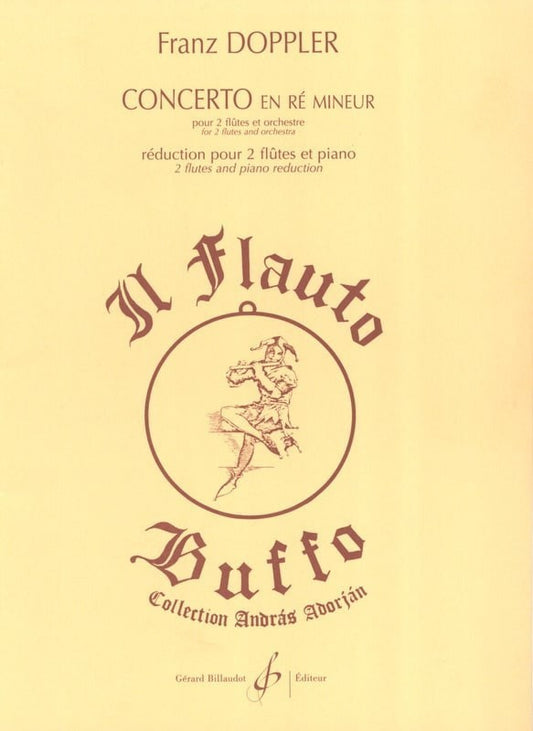 Music sheet cover for Franz Doppler concertos with flute and piano reduction with orange background and a flute player illustrated in burgundy ink