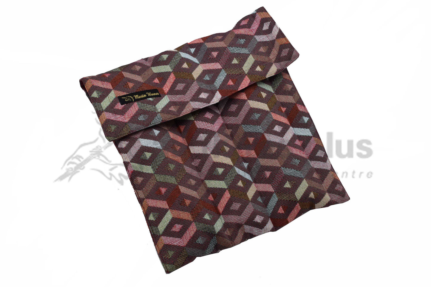Patterned fabric Baroque Flute case with geometric design on a white background
