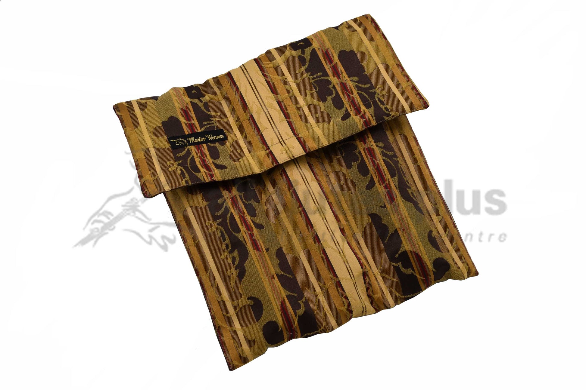 Folded fabric Baroque Flute case with brown and beige pattern on a white background