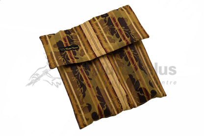 Folded fabric Baroque Flute case with brown and beige pattern on a white background