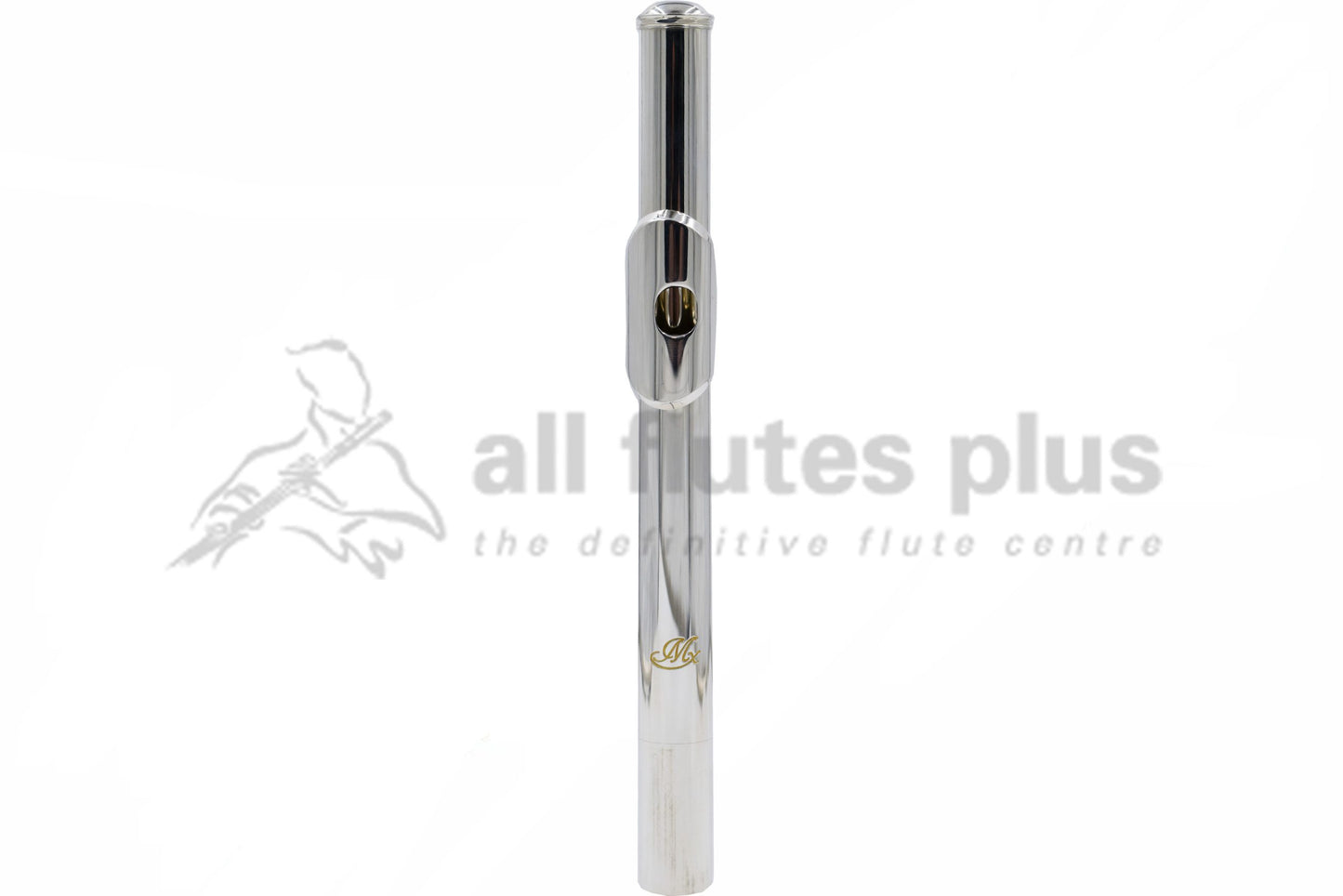 A Miyazawa MX-1 flute headjoint made of silver, featuring a golden etched logo and a contemporary crown design.