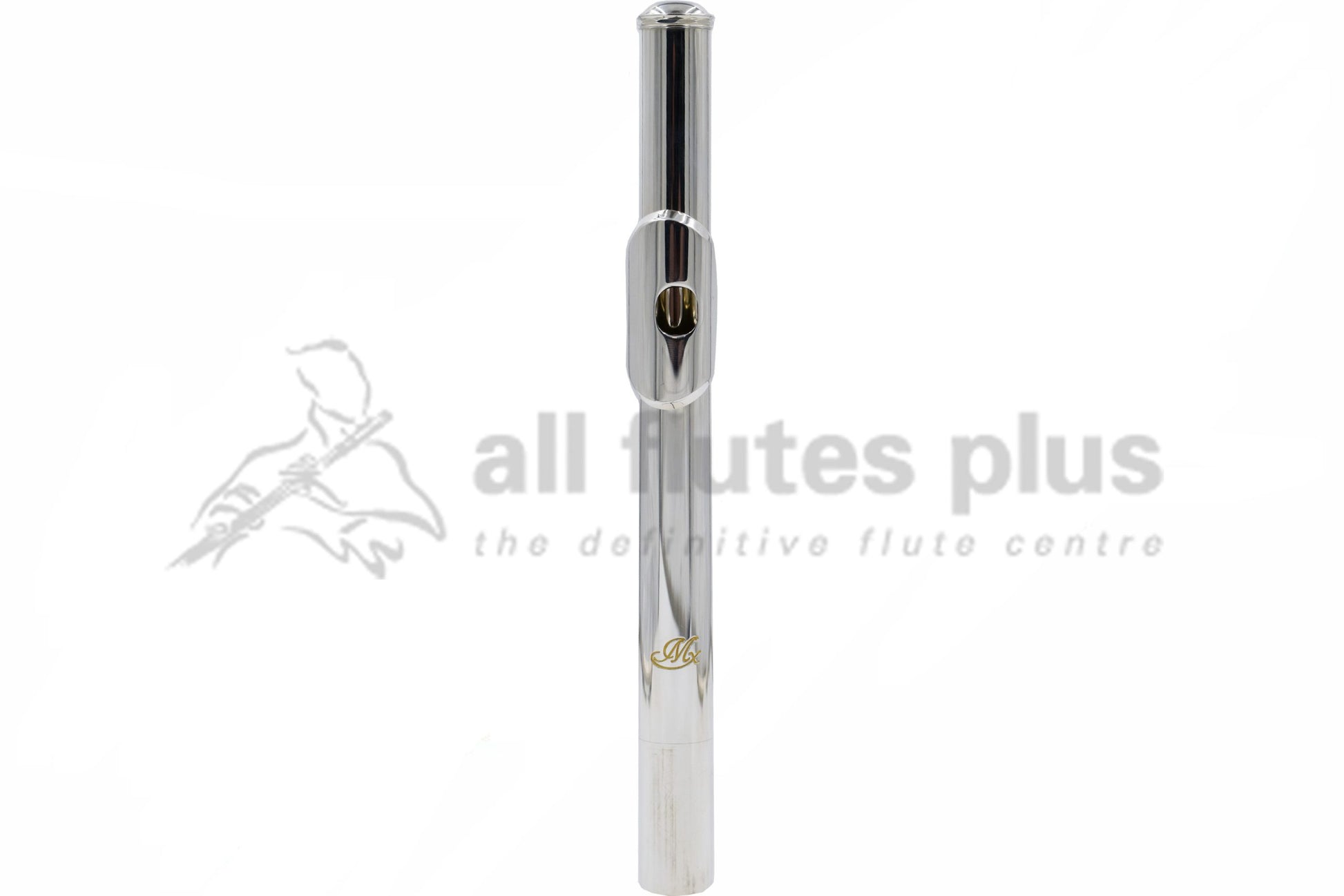 A Miyazawa MX-1 flute headjoint made of silver, featuring a golden etched logo and a contemporary crown design.