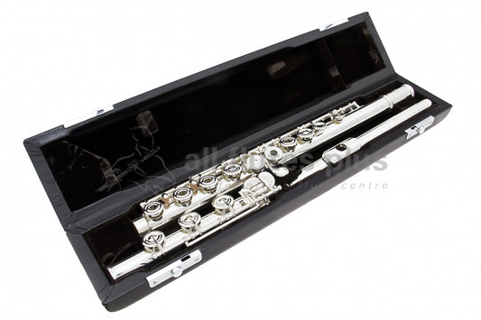 Miyazawa PB603 Flute placed inside an open case with a black interior, showcasing the instrument's body, keys, and a .958 silver headjoint.