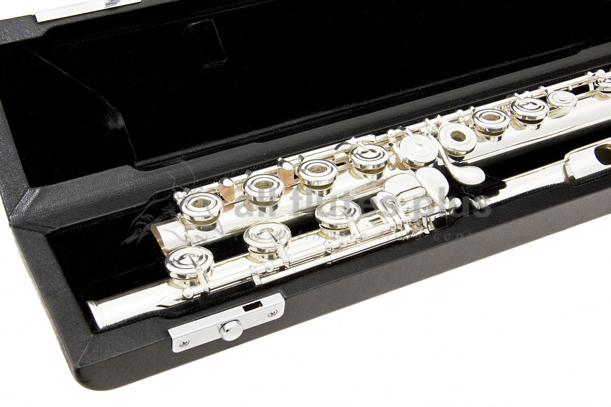 Close up of Miyazawa BR958 - 1 Type 1 flute b footjoint lying in black velvet lined case