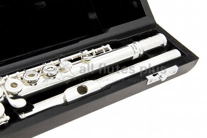 Close up of headjoint on Miyazawa BR958 - 1 type 1 flute in an open case with velvet interior
