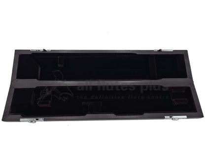 A black leather bound hard case for a flute, with the Miyazawa logo visible on the interior velvet lining.