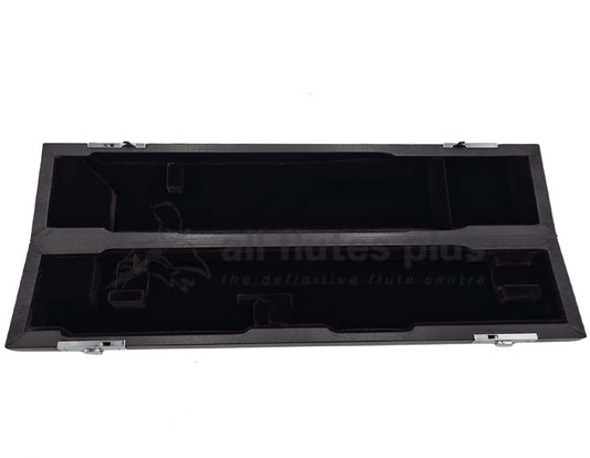 A black leather bound hard case for a flute, with the Miyazawa logo visible on the interior velvet lining.