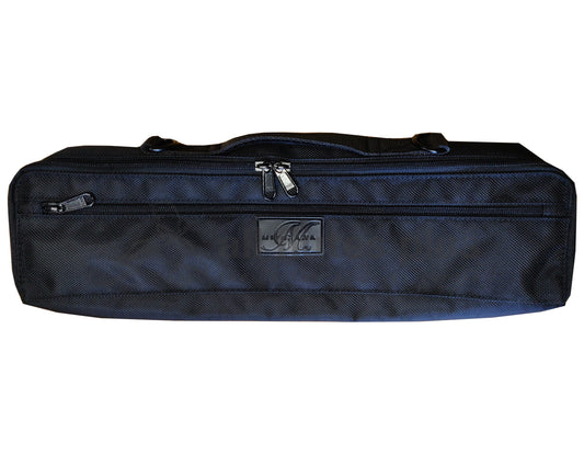 Black fleece lined Miyazawa case cover for a flute, featuring an outside pocket, a zipper closure, a label with the Miyazawa logo, a shoulder strap, and a carry handle.