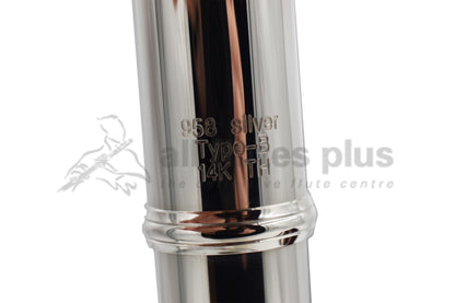 Close up of silver content markings on Miyazawa CS - B Flute showing .958 silver, Type- B 14K Tone Holes