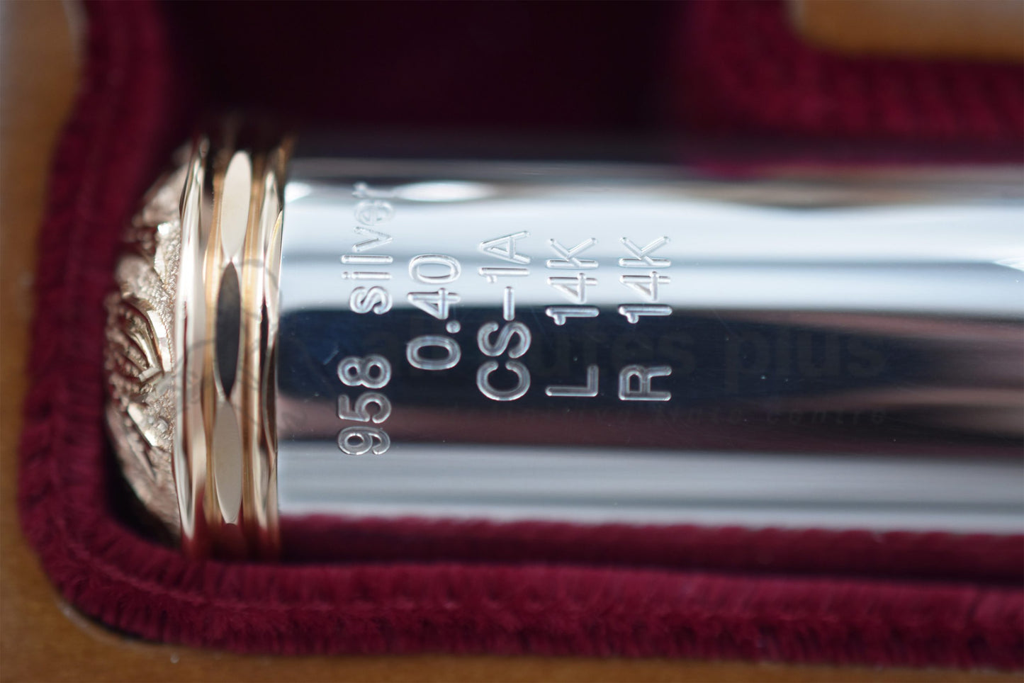 Close up of headjoint material markings and model markings on Miyazawa CS - B headjoint which say .925 Silver .40 wall thickness CS-1A Headjoint cut 14K Gold Lip Plate and 14K gold Riser