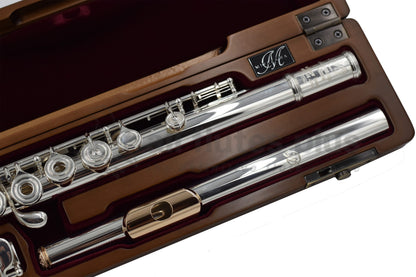 Close up of Miyazawa CS - B Flute Headjoint with a 14K Gold Lip Plate and Riser in a Cherrywood Headcase with red velvet lining