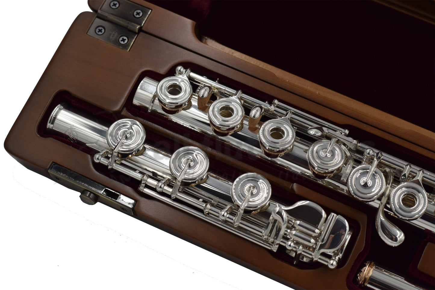 Close up of Miyazawa CS - B Flute B footjoint  in a Cherrywood Headcase with red velvet lining