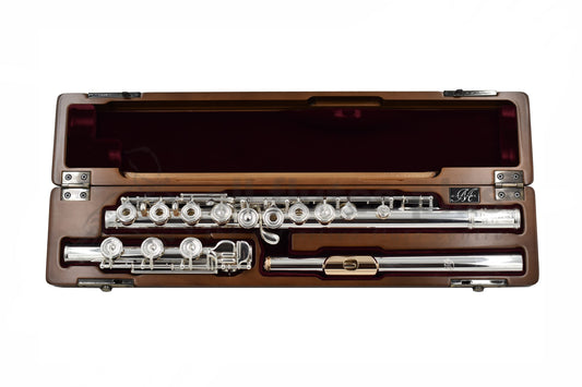 Miyazawa Handmade CS-958-B Flute displayed in an open cherrywood case 