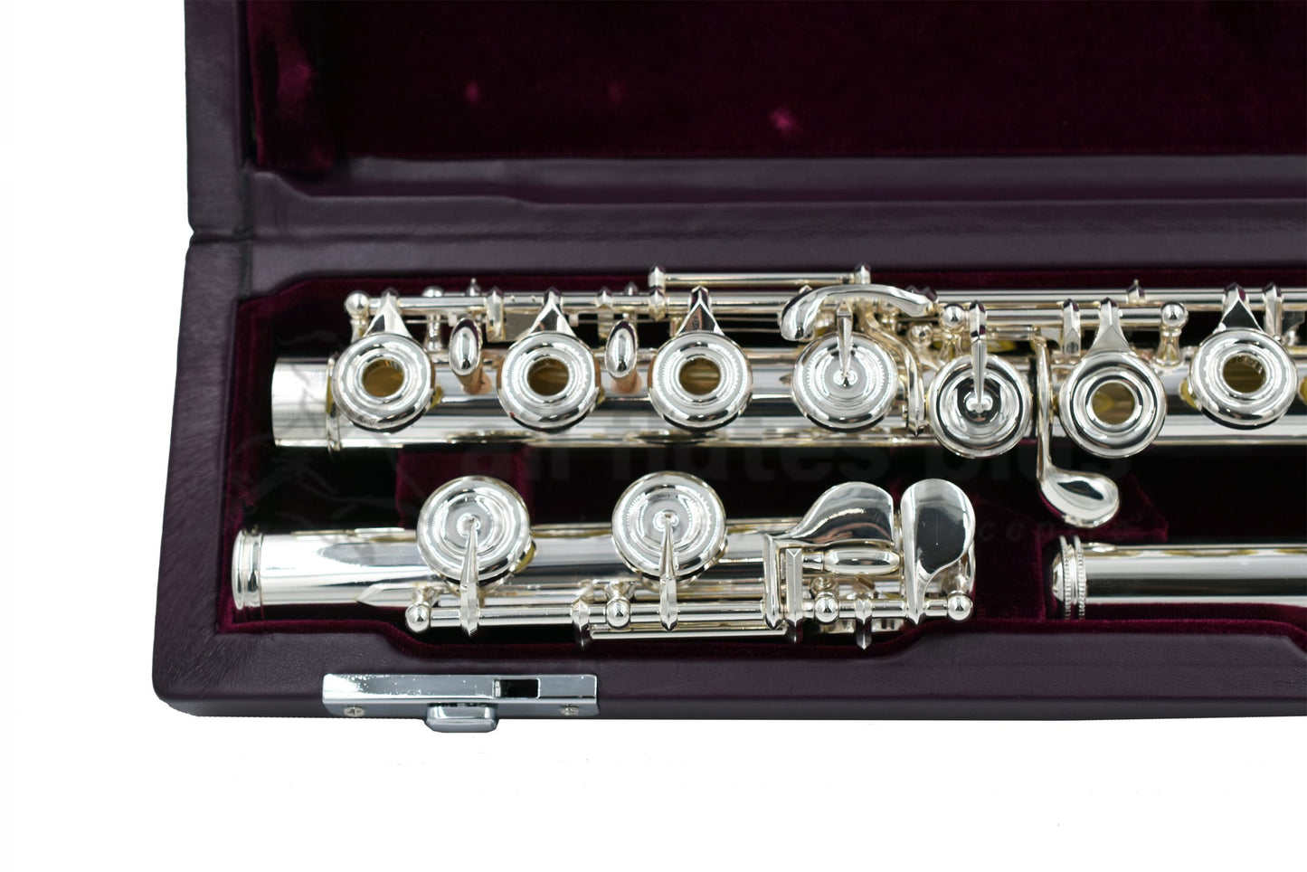 Miyazawa MJ25 inside burgundy velvet lines hard case showing C footjoint and right hand mechanism